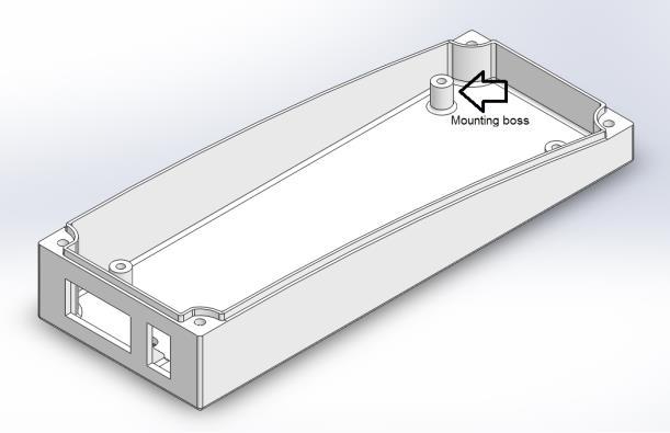 a top and bottom part, b model bottom, c- mounting boss The first model overall dimensions are: 160mm x 60mm x 33,4mm Mass 71,83g.