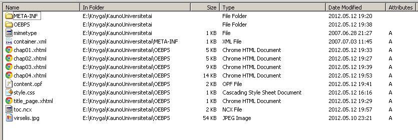 Pav. 14 Knygos failų struktūra Pagrindiniai elektroninę knygą sudarantys failai yra OEBPS aplanke. Norint juos visus apjungti į.epub formato knygą reikia failus suarchyvuoti tam tikra tvarka.