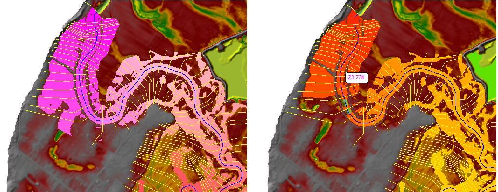 44 Fig. 17. Comparison between the WSE elevation map of 1D (to the left) and combined 1D-2D (to the right) 6.5 