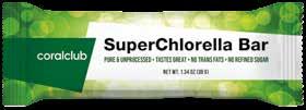 SuperChlorella Bar Super chlorelos batonėlis Kodas: 91691 Pateikimo forma 38 g Kešju aliejus, datulių pasta, tapijoka, ryžių baltymas, kešju riešutai, chlorela,