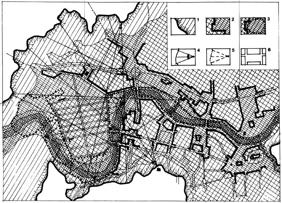 Urbanistika ir architektūra, 2008, 32(4): 201 220 211 10 pav. Žvėryno ir Naujamiesčio vizualinių erdvių ir ryšių struktūra. Vizualinės erdvės. Prof. dr. Z. J. Daunora, 1990 m.