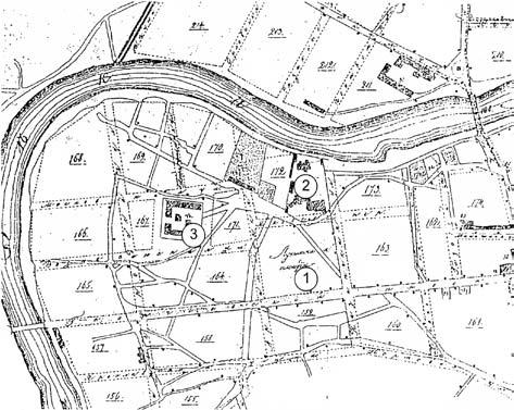 Fragment of Vilnius Plan at the beginning of the 19th century: 1 Lukiškės Square; 2 complex of St. Jacob s and St.