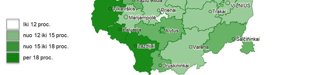 Teritoriniai nedarbo skirtumai Šilalės bei Vilkaviškio rajonų (po 1,5 proc.) savivaldybėse. Daugiausiai darbingo amžiaus gyventojų lapkričio 1 d. buvo registruota bedarbiais Lazdijų (23,4 proc.