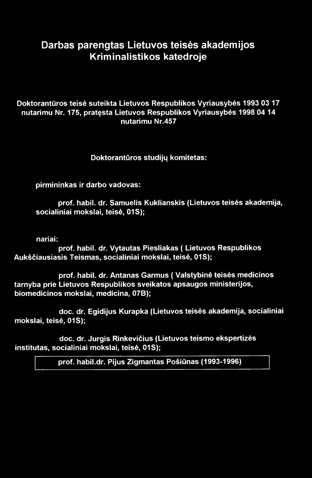 Samuelis Kuklianskis (Lietuvos teisės akademija, socialiniai mokslai, teisė, 01 S); nariai: prof. habil. dr.
