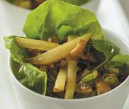 APRIL 2020 PAGE 9 Pear & Chicken Lettuce Wraps 1 tablespoon cornstarch 2 tablespoons peanut oil 1 tablespoon minced garlic 11/2 tablespoons grated gingerroot 6 scallions, thinly