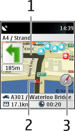 30 Programa Žemėlapiai Važiavimo navigacijos vaizdas 1 Maršrutas 2 Jūsų vieta ir kryptis, kuria judate 3 Kompasas Navigacijos pėsčiomis