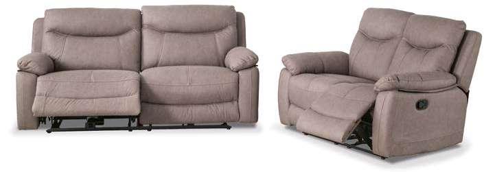 Sofá 3 plazas con relax eléctrico, 2 plazas y sillón con relax manual. Disponible en color plomo y cemento.