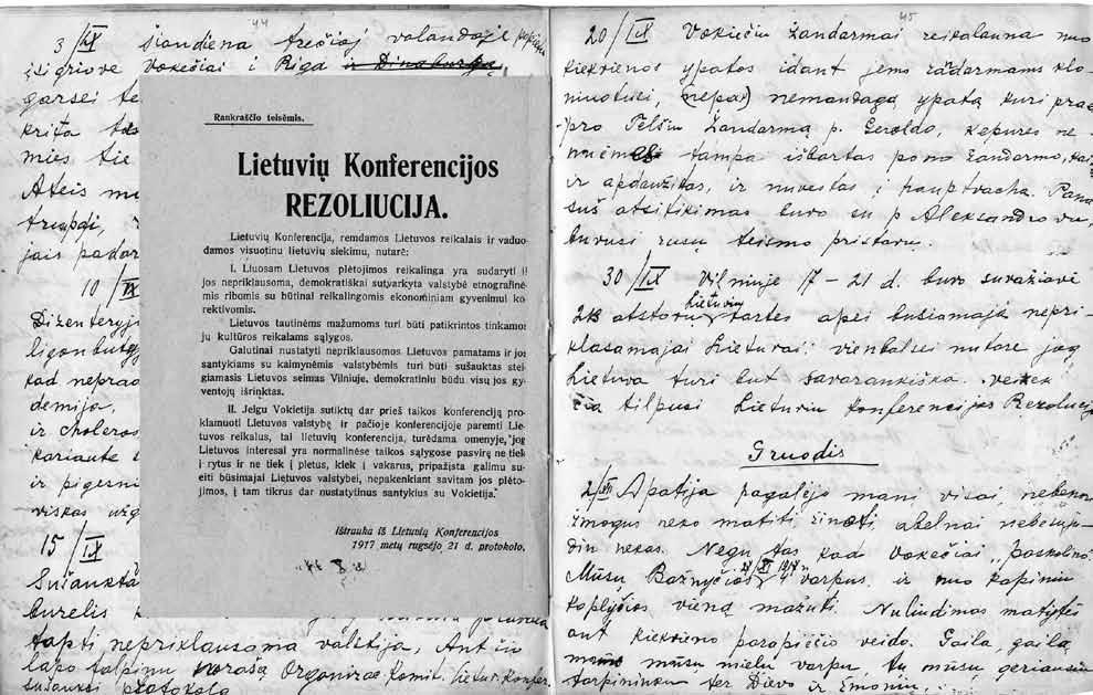 Telšių gyventojo Felikso Milevičiaus dienoraščio fragmentas su Lietuvių konferencijos 1917 m. rugsėjo 21 d. rezoliucija Plakatas Sveiki sulaukę 10 metų Nepriklausomos Lietuvos!, 1928 m. vasario 16 d.
