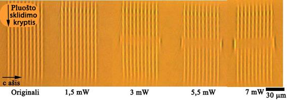 Bandinio transliavimo greitis 20 µm/s, objektyvas 0,3 NA, lazerio poliarizacija o. norimas medžiagos plotas. Gauti rezultatai parodyti 3.5 paveiksle.