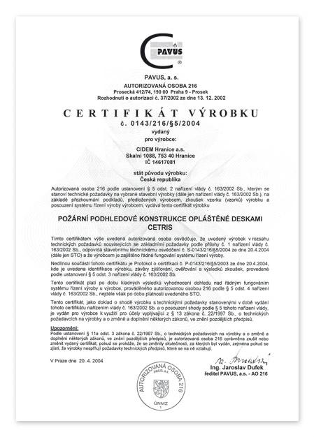 Produkto sertifikatas: Priešgaisrinių lubų konstrukcijos apkala su CETRIS