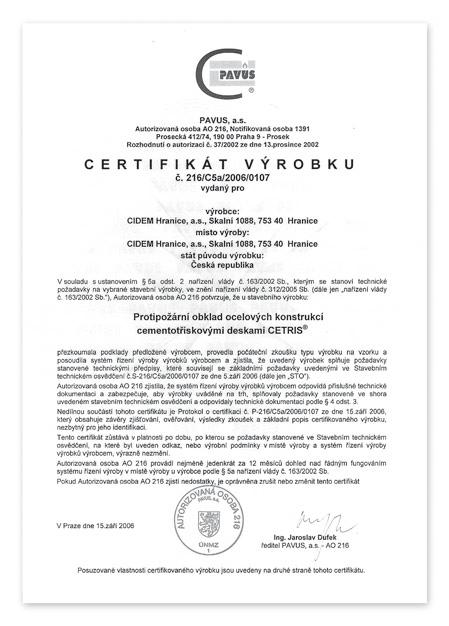plokštėmis Produkto sertifikatas: Priešgaisrinė apkala su CETRIS plokštėmis