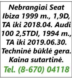 Moterišką dviratį. Tel. 8 615 24 480. Trijų korpusų plūgą su varžtine apsauga. Tel. 8 676 51 261. Ieškau nebrangaus automobilio. Siūlyti įvairius variantus. Tel. 8 678 70 408. Ford Mondeo 2001 m.