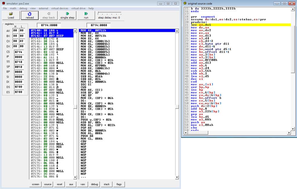 91 Darbo eiga 95 pavyzdys pateiktas 3 skyriuje Programos kompiliavimui spaudžiame Emulate mygtuką Šis mygtukas atlieka programos kompiliavimą ir paleidžia emuliatorių Jei kompiliavimas įvyko be