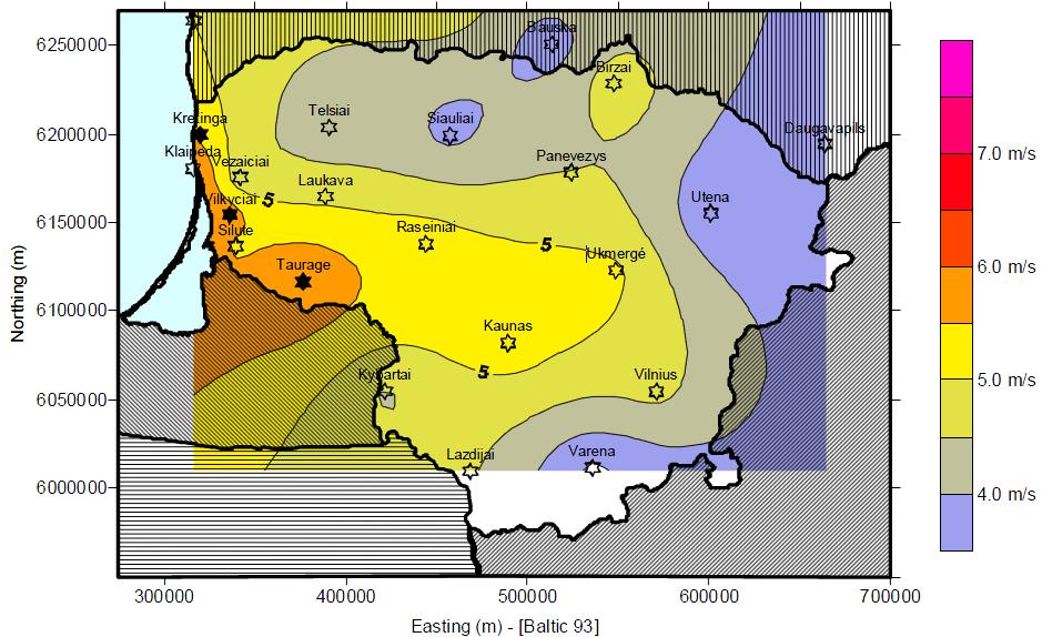 6 pav. Lietuvos vidutinio metinio vėjo greičio pasiskirstymo žemėlapis (50 m aukštis) Šiame žemėlapyje pateikiami apytiksliai duomenys, ir jis skirtas tik orientaciniam vėjingumo sąlygų įvertinimui.