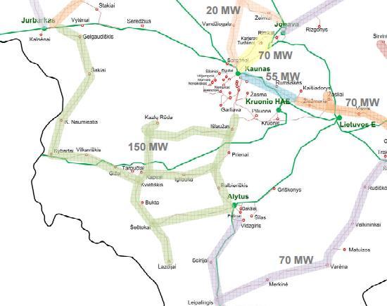 7 pav. Vėjo elektrinių parkų prijungimo prie elektros perdavimo tinklo žemėlapio fragmentas (AB Litgrid ) 54 Šis AB Litgrid ribojimas lemia techninį vėjo energijos potencialą Birštono savivaldybėje.