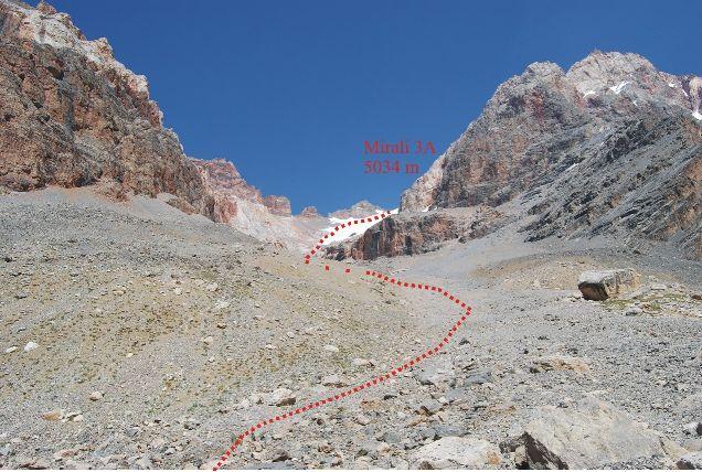 Aukštis 4195 m. Oras puikus, pučia vėjelis. Rugpjūčio 7 d. (11 žygio diena) Mirali per. (3A, 5034 m) ir Čimtarga virš. (alp 2B, 5480 m) Budintysis atsikėlė 4.40, dar tamsoka.
