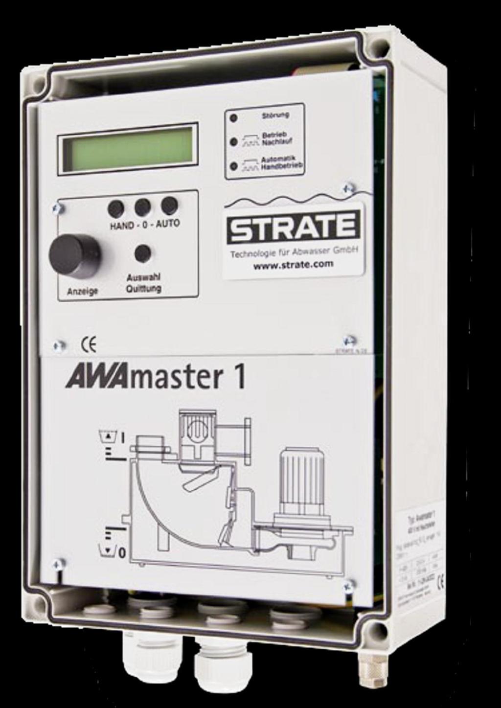 Įrenginio valdymas Kiekvienas STRATE AWALIFT 80 nuotekų perpumpavimo įrenginys yra aprūpintas kompaktišku valdymo skydu AWAmaster 1, kuriame sumontuotas valdymo modulis bei informacinis ekranas.