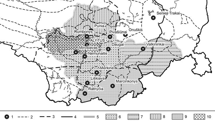 117 4. Funkciniai teritoriniai vienetai XVI XVIII amžiuje. 1 Trakų dekanato parapijų centrai; 2 XVI a. valsčių ribos pagal J. Jakubowskį (1928); 3 XV XVIII a.