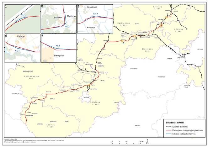 Pav.1. Planuojamo dujotiekio trasos, su lokaliomis vietos alternatyvomis, schema 4.2.