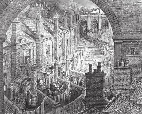 2. Pramoninės visuomenės formavimasis 9 Darbininkų kvartalas Londone. XIX a. II pusės G. Dorė piešinys. Ankštuose ir perpildytuose rajonuose plito ligos, klestėjo nusikalstamumas ir skurdas.