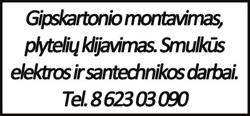 Tel. 8 619 20 517. Perku smulkintuvą. Siūlyti įvairius variantus. Tel. 8 617 77 408. Perku traktorinės priekabos 2pts4 padangas, ratlankius. Tel. 8 687 82 747. Perku USB raktą nuo 16 Gb.