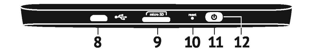 IIIIIIII 11 VAIZDAS IŠ ŠONO 8. Micro-USB prievadas skirtas kompiuteriui ar krovikliui (gali būti papildomas) prijungti 9.