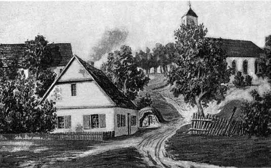 RYTŲ IR VAKARŲ KULTŪRŲ SANKIRTOS Tolminkiemio bažnyčia, klebonija ir našlių namas. Piešinys iš Franzo Tetznerio knygos Slawen in Deutchland, 1902 m.