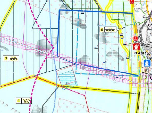 8.2. pav. Ištrauka iš Veiklos vystymo jūrinėje teritorijoje brėžinio. 8.2. paveiksle esamas dampingo rajonas pažymėtas mėlyna spalva, o siūloma jo vieta raudona.