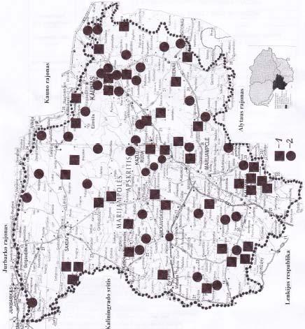 60 pav. Tirtų vienkieminių sodybų išsidėstymas Suvalkijos etnografiniame regione: 1 įkurtos iki 1930 metų, 2 įkurtos 1930-1940 metų laikotarpiu (sudarė R.