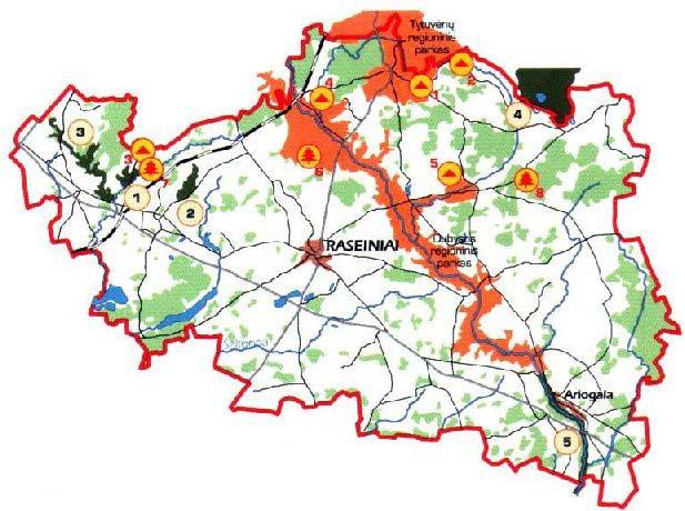 122 6 6.1.1 pav. Raseinių r. savivaldybės saugomų teritorijų schema (Objektų pavadinimai yra 6.1.1 lentelėje) Šaltinis: Raseinių r. savivaldybės bendrasis planas, 2007 m.