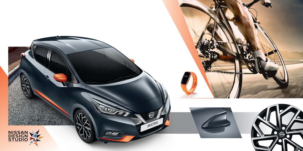 SPORTININKAMS Suderinkite Gunmetal Grey spalvos MICRA kėbulą su Energy Orange išorės paketu, puikiai derančiu prie jūsų Nissan išmanaus laikrodžio.