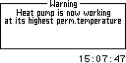 58 Ši įspėjamoji indikacija rodoma tuo atveju, kai temperatūros jutiklių T8 ir T9 išmatuotų temperatūrų skirtumas yra per didelis. 1 galima priežastis: per mažas debitas per šilumos siurblį.