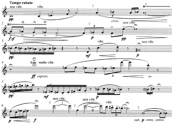 Vibrato lietuvių kompozitorių kūriniuose fleitai solo: Fleitai solo kompozitorius parašė du kūrinius: Afroditė (1978) ir Segles (1995).