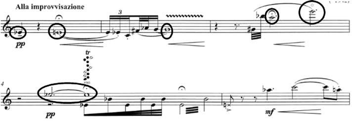 Vibrato lietuvių kompozitorių kūriniuose fleitai solo: Kitos Juozapaičio kompozicijos fleitai solo Segles pavadinime yra užšifruotos natos kūrinio muzikinė tema: mi bemol (es) mi (e) sol (g) la (a)