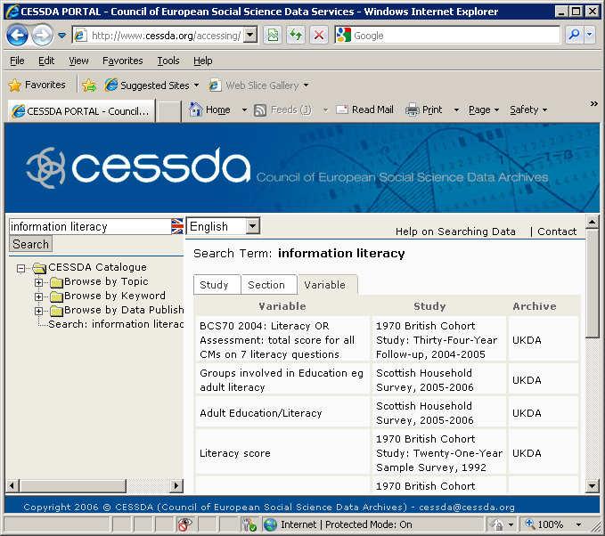 6.5 pav. Archyvų tinklo CESSDA rezultatų sąrašo fragmentas Social Science Electronic Data Library (SSEDL) Adresas http://www.socio.com/ssedl.php Tipas bibliografinė, empirinių duomenų.