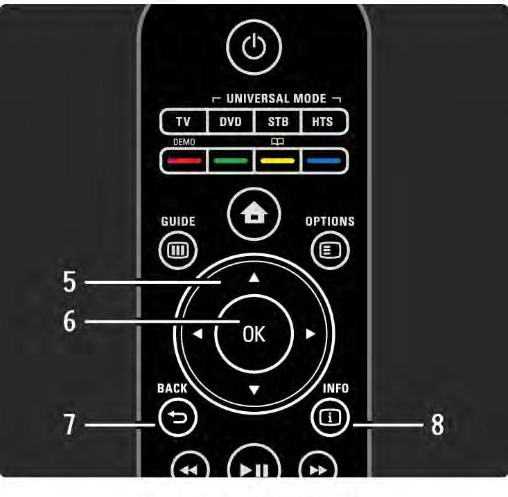 2.1.1 Nuotolinio valdymo pulto apžvalga 2/6 5 Naršymo mygtukas Naršymui aukštyn, žemyn, į kairę ir į dešinę. 6 Mygtukas OK Atidaro arba uždaro kanalų apžvalgą. Suaktyvina parinktį.