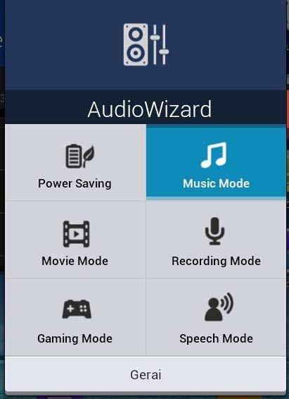 Programa AudioWizard Garso reguliavimo vediklis suteikia galimybę individualizuoti planšetės ASUS Tablet garso režimus, siekiant geresnio garso išvesties, tinkančios konkrečiam naudojimo scenarijui.