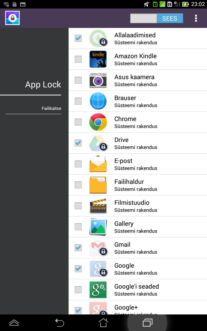 Programų užrakto App Lock ekranas Norėdami aktyvinti programų sąrašą, patraukite slankiklį dešinėn.