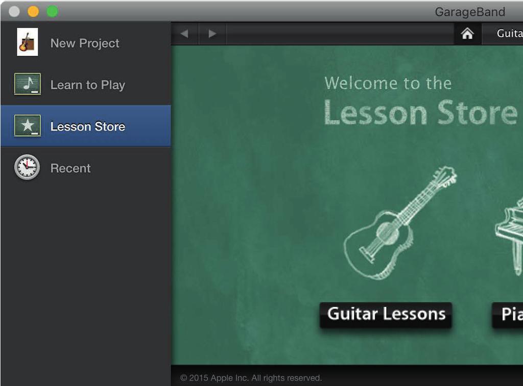 Išmokite groti. Programoje GarageBand rasite pamokų, padėsiančių pradėti mokytis groti pianinu arba gitara.