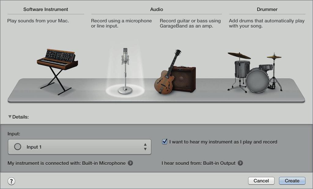 Prijunkite mikrofoną, pasirinkite Track > New Track, tuomet pasirinkite mikrofoną skiltyje Audio.
