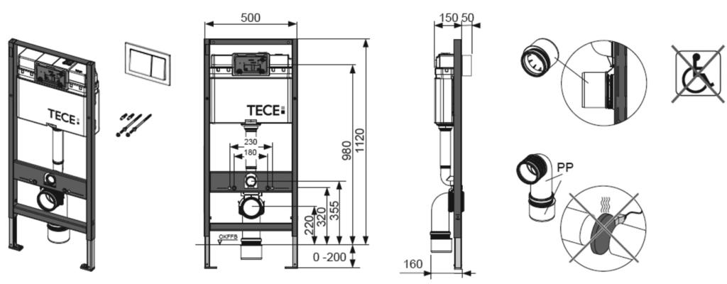 TECEprofil Potinkiniai moduliai TECEprofil Base WC modulis Valdymas iš priekio,montavimo aukštis 1120 mm Montavimo galimybės: Į medinio karkaso sieną Į C profilių arba UA profilių potinkinę sistemą
