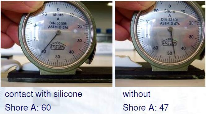 kietumui Shore A sandarinimo medžiagos įtaka stiklinimo kaladėlei (70 dienų, 28 o C) 4- blaugelb RC Kleber klijai
