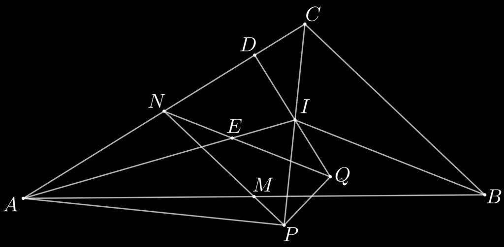 . Trikampio ABC pusiaukampinės kertasi taške I. Taškai M ir N atitinkamai kraštines AB ir AC dalija pusiau. Tiesės MN ir CI kertasi taške P.